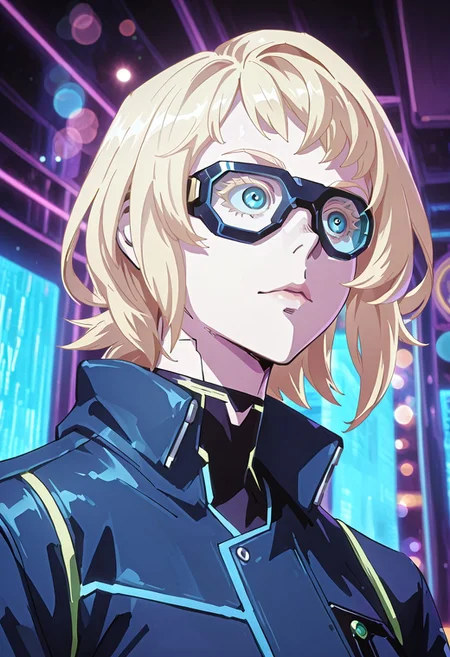 ((masterpiece, best quality, ultra detailed, vibrant anime style:1.3), (Slv1aGldb3rg),blue eyes, (blonde hair:1.05), cyberpunk sniper with digital eyepiece, sci-fi mood, cyberpunk city, bokeh,