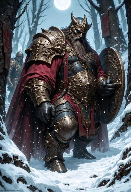 An1meL1nes, dwarf warrior, long beard, heavily armored, shield, fantasy, epic, in the snow, <lora:FluxMythAn1meL1nes:1>