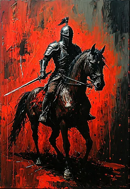 (Impressionism: 1.5), (abstract acrylic painting), red and black shades, (large strokes: 1.3), painting on canvas, filled with movement, (action packed), armored medieval warior riding a horse, holding sword in the hand, (looking forward), (from above: 1.3), dinamic position, (much splashes of blood and dirt: 1.3) from under the hooves, realism, modern art, abstraction, absurdity, acrylic painting on canvas, (silhouette in strokes: 1.6)