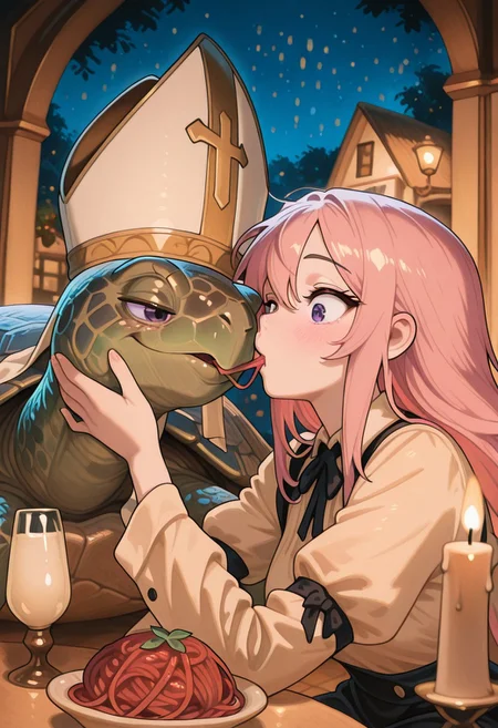 IllusP0s, CivChan, purple eyes, pink hair, turtle pope, sitting outside italian cafe, night, turtle pope and civchan are both slurping spaghetti, romantic, candlelit dinner, spaghetti in mouth,