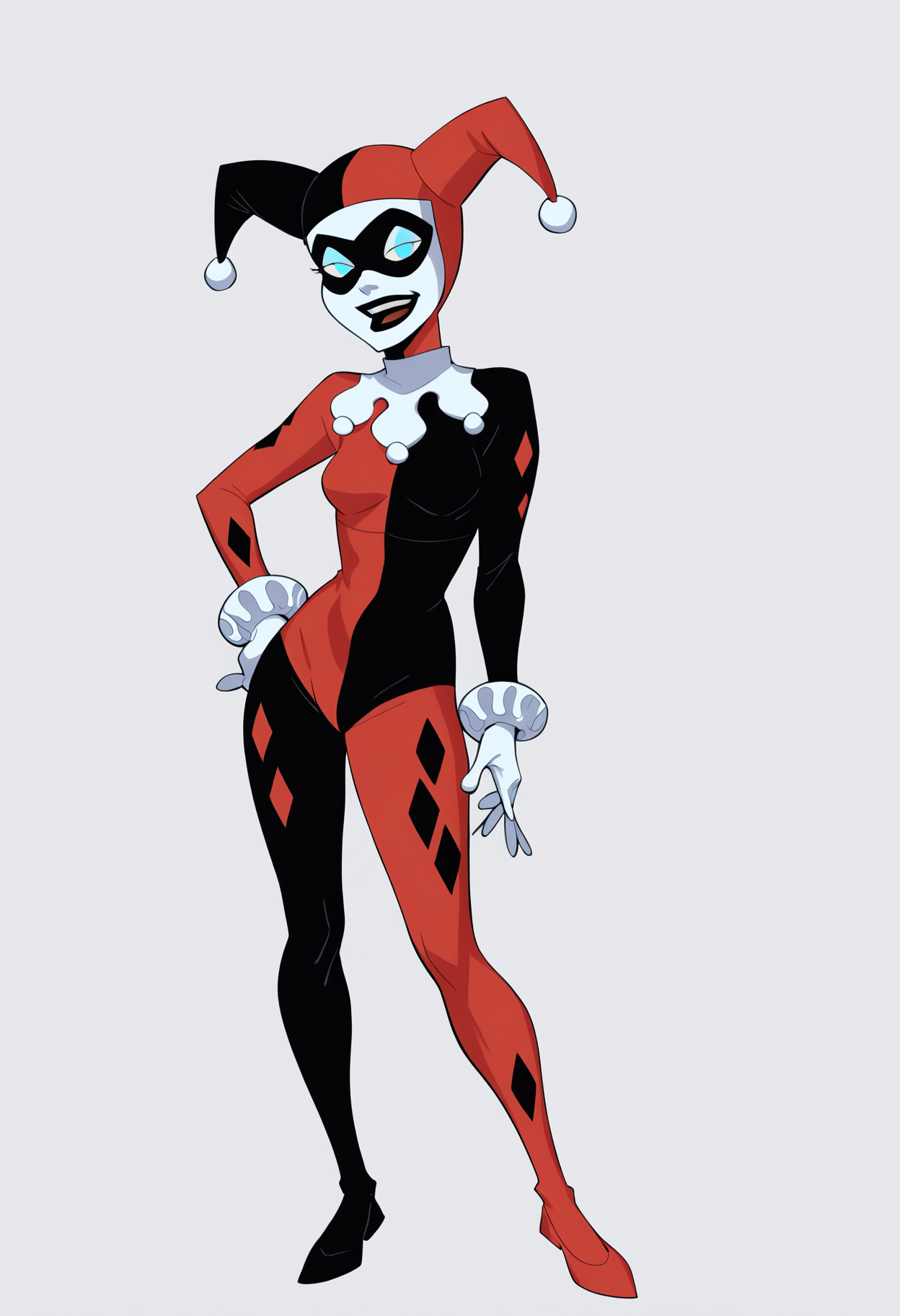 score_9, score_8_up, score_7_up, score_6_up, score_5_up, score_4_up, BREAK source_cartoon,
1girl, hq1992, domino mask, jester cap, black and red bodysuit, blue eyes, no pupils,
full body, hands on hips, standing,  solo, looking at viewer, simple background , white background,  <lora:HQ1992XL:1>