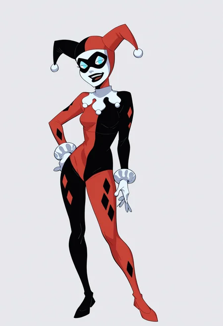 score_9, score_8_up, score_7_up, score_6_up, score_5_up, score_4_up, BREAK source_cartoon,
1girl, hq1992, domino mask, jester cap, black and red bodysuit, blue eyes, no pupils,
full body, hands on hips, standing, solo, looking at viewer, simple background , white background, <lora:HQ1992XL:1>