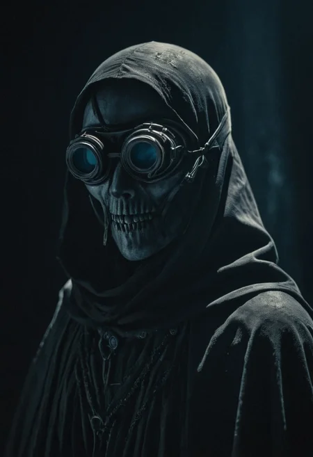 analog film photo Realistic portrait of a sinister, enigmatic figure with a malevolent grin. The figure wears intricately designed, mechanical goggles that emit a cold, blue light, casting an eerie glow on their eyes. The grin reveals sharp, menacing teeth, adding to the figures unsettling demeanor. The figure's long, disheveled hair frames their face, and they are draped in a dark, tattered cloak. The background is a deep, shadowy blackness, enhancing the figure's menacing presence. The lighting is dramatic and highlights the gleaming, mechanical details of the goggles, intensifying the overall mood of eerie tension and malevolence.  faded film, desaturated, 35mm photo, grainy, vignette, vintage, Kodachrome, Lomography, stained, highly detailed, found footage,
use colors like teal and colors like dark teal and colors like navy