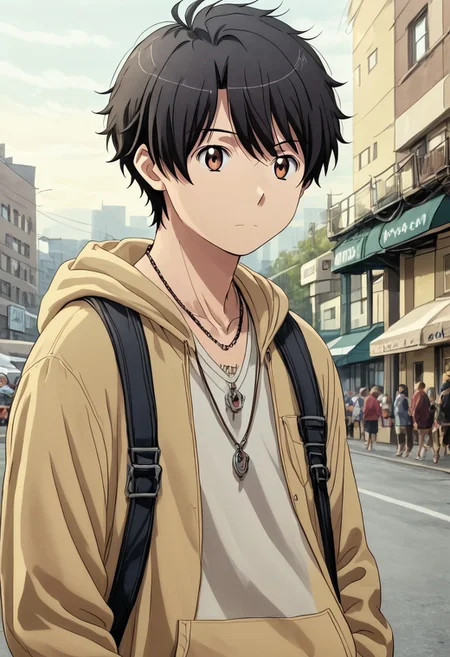 high resolution, solo, best quality, 1Boy, Inaho Kaizuka, Black hair, Brown Eyes, Bangs, Necklace, Hoodie, Casual, Photo Studio,