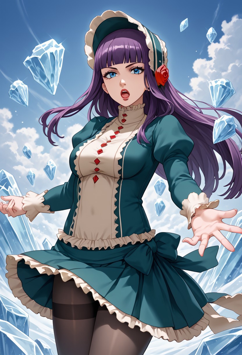 score_9,score_8_up,score_7_up,source_anime,5_figner,2d_animation,game cg,BREAK,1girl,solo,Loretta Lecarde,purple hair,blunt bangs,hime cut,blue eyes,long hair,red lips.lolitafashion,bonnet,pantyhose,red rose,dress,mini skirt,open mouth,
medium breasts,front view,looking at viewer,serious,
spread arms,ice,crystal,magic,
masterpiece,best qualit,ultra-detailed,illustration,an extremely delicate and beautiful,beautiful detailed eyes,unity 8k wallpaper,high resolution,anime CG,official_art,
