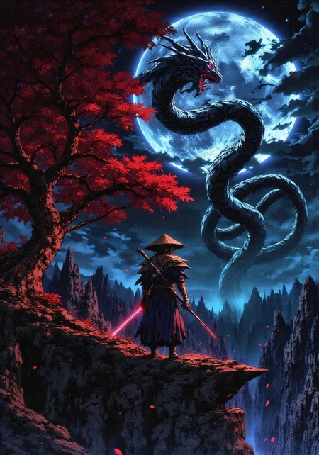 score_9, score_8_up, score_7_up, ultra detail, masterpiece, best quality, amazing quality, mythp0rt, A mysterious lone samurai standing beneath a glowing red-leaved tree on a cliff, under a mystical moonlit sky. He wears a traditional straw hat and dark ninja-like robes, with three katanas at his side — one glowing red. Red petals swirl around him, illuminated by the ethereal light of a giant full moon behind dramatic stormy clouds. A serpentine dragon made of glowing mist coils through the night sky above, its eyes glowing as it watches the samurai. The background reveals surreal, otherworldly mountains tinged with red foliage. Highly detailed, cinematic lighting, dark fantasy atmosphere, ultra-sharp focus, in the style of Japanese ink painting meets futuristic concept art.
