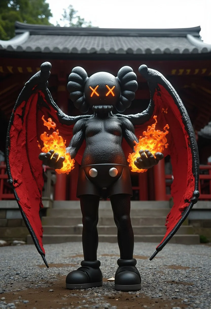 a full body figure of (kaws) with oni horns and bat wings, lighting x's for eyes, standing on the grounds of a traditional Japanese Shinto shrine, flames surrounding his fists