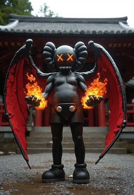 a full body figure of (kaws) with oni horns and bat wings, lighting x's for eyes, standing on the grounds of a traditional Japanese Shinto shrine, flames surrounding his fists
