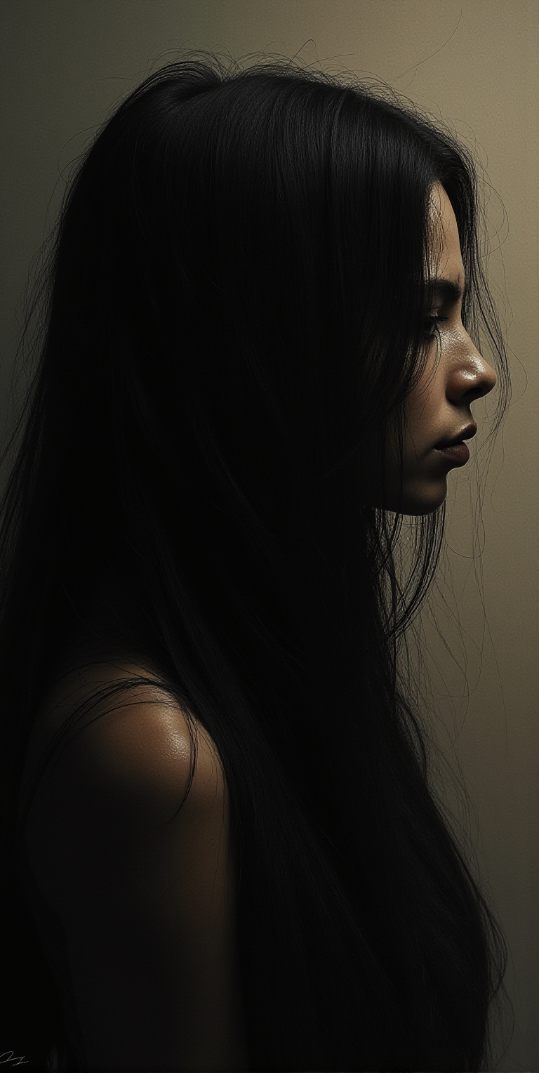 Surrealist art painting of a woman with long black hair, soft-focused realism --chaos 75 --ar 1:2 --profile 1kixoc4 --stylize 750 --v 7,  <lora:- Flux1 - vanta_black_V2.0:1> . Dreamlike, mysterious, provocative, symbolic, intricate, detailed