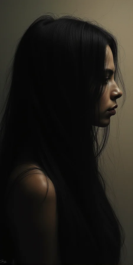 Surrealist art painting of a woman with long black hair, soft-focused realism --chaos 75 --ar 1:2 --profile 1kixoc4 --stylize 750 --v 7, <lora:- Flux1 - vanta_black_V2.0:1> . Dreamlike, mysterious, provocative, symbolic, intricate, detailed