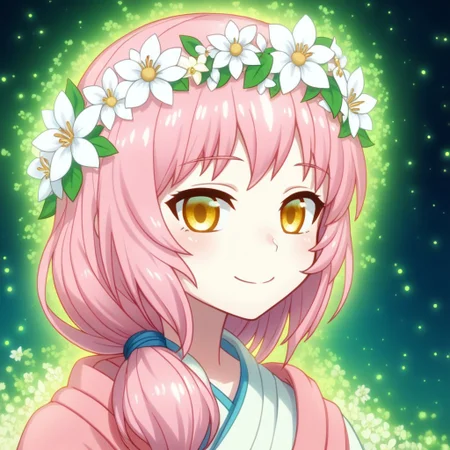 mana_sk style, portrait, focus on face, a hopeful healer girl with soft pink hair tied into a low ponytail and warm golden eyes, wearing a delicate wreath of white flowers and a pastel robe embroidered with luminous patterns, her gentle smile emanating kindness, faint light particles glowing around her face, Japanese RPG style, serene and uplifting atmosphere, intricate details on her wreath and robe