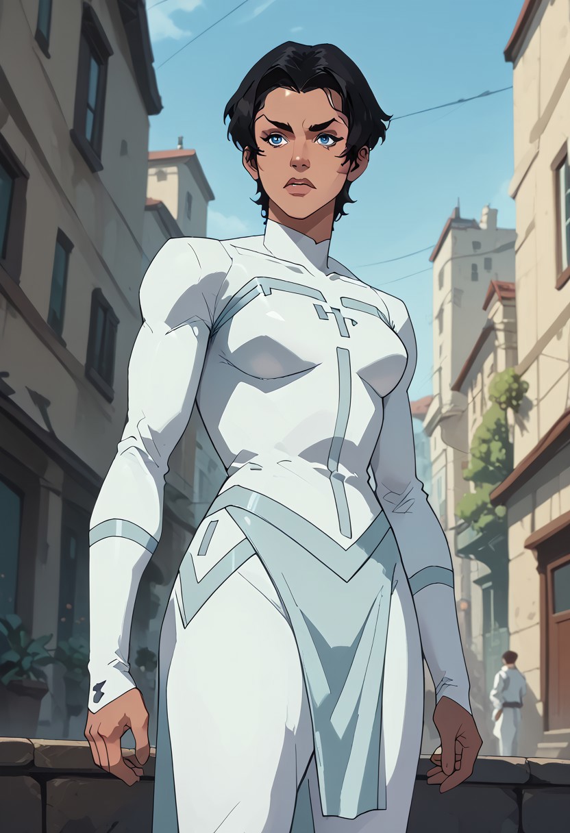score_9, score_8_up, score_7_up, uncensored, best quality, masterpiece, 4k, 
Portrait, 
anissaxl, blue eyes, black hair, short hair,
white bodysuit, or bodysuit, long sleeves, or white long sleeves, white pants, pelvic curtain, boots,