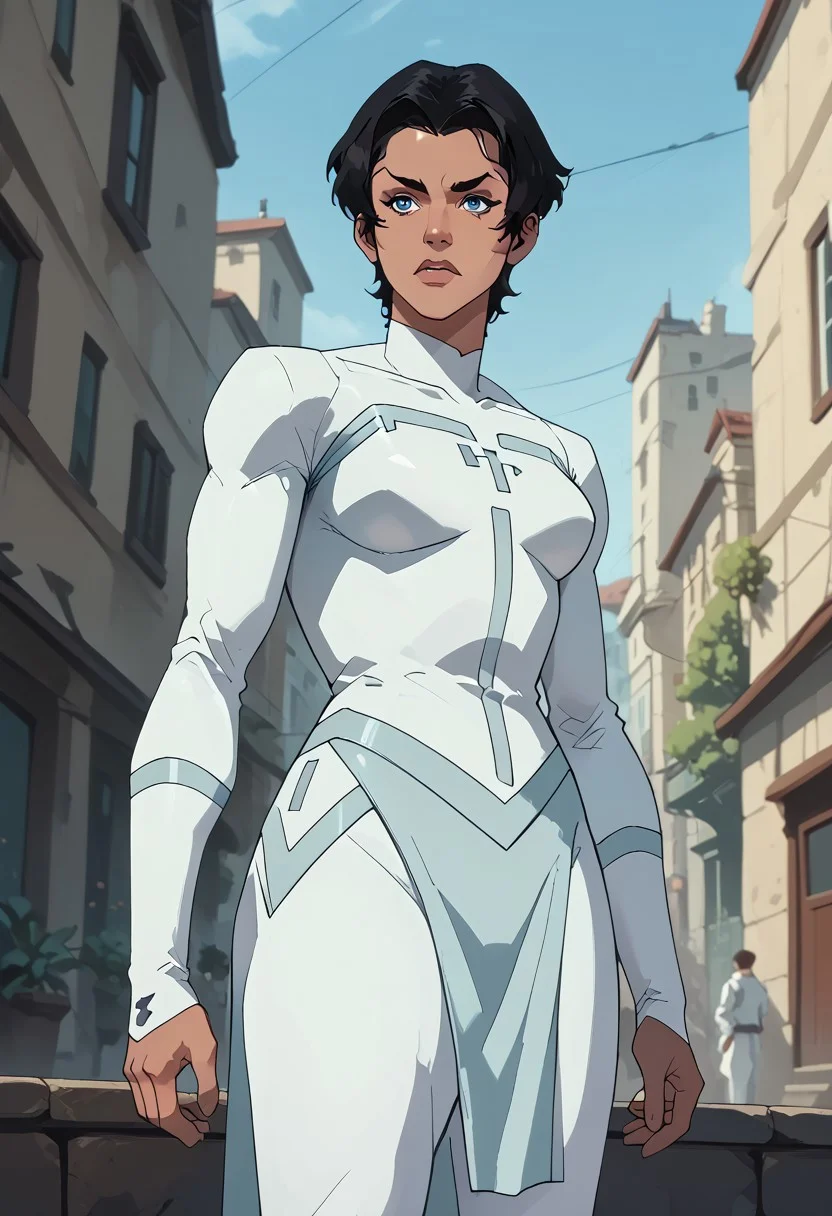 score_9, score_8_up, score_7_up, uncensored, best quality, masterpiece, 4k,
Portrait,
anissaxl, blue eyes, black hair, short hair,
white bodysuit, or bodysuit, long sleeves, or white long sleeves, white pants, pelvic curtain, boots,