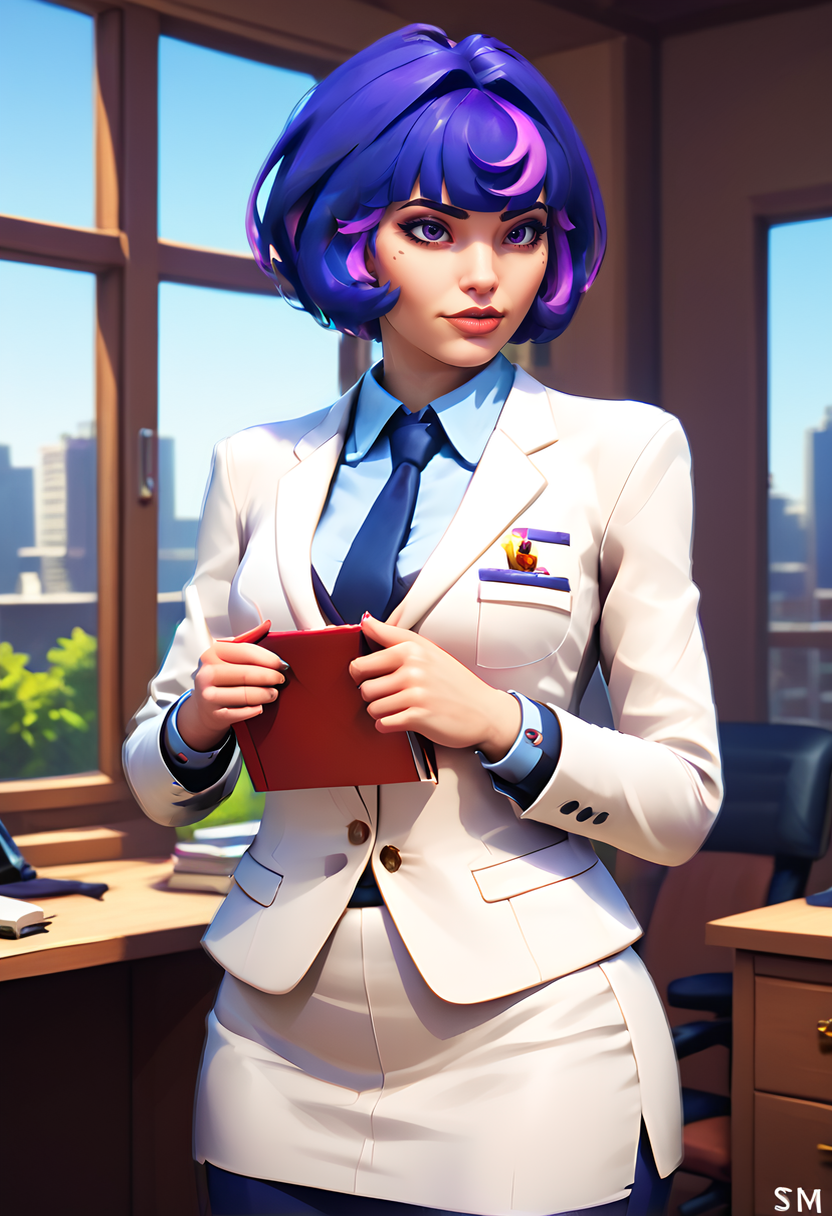 score_9, score_8_up, score_8,
solo,  <lora:Juno_Overwatch_for_PonyXL:0.8> 1girl, jun0, solo, short hair, purple hair, multicolored hair, suit, professional, office, window, scenery, 
3d. sfm, detailed background,