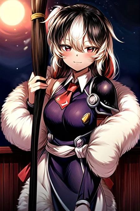 best quality 1girl Setsun4 solo long hair, (night time) forest background black hair very long hair purple eyes multicolored hair armor, small, (fur trim) (medium body),<lora:EMS-179-EMS:0.800000>,<lora:EMS-293862-EMS:0.800000> bow, hair_bow, hair_tubes, red_bow, brown_hair, long_hair, bangs, ascot, frilled_bow, yellow_ascot, blush, smile, hair_between_eyes, athletic, armor, miko, strengthmda, Smiling, happy