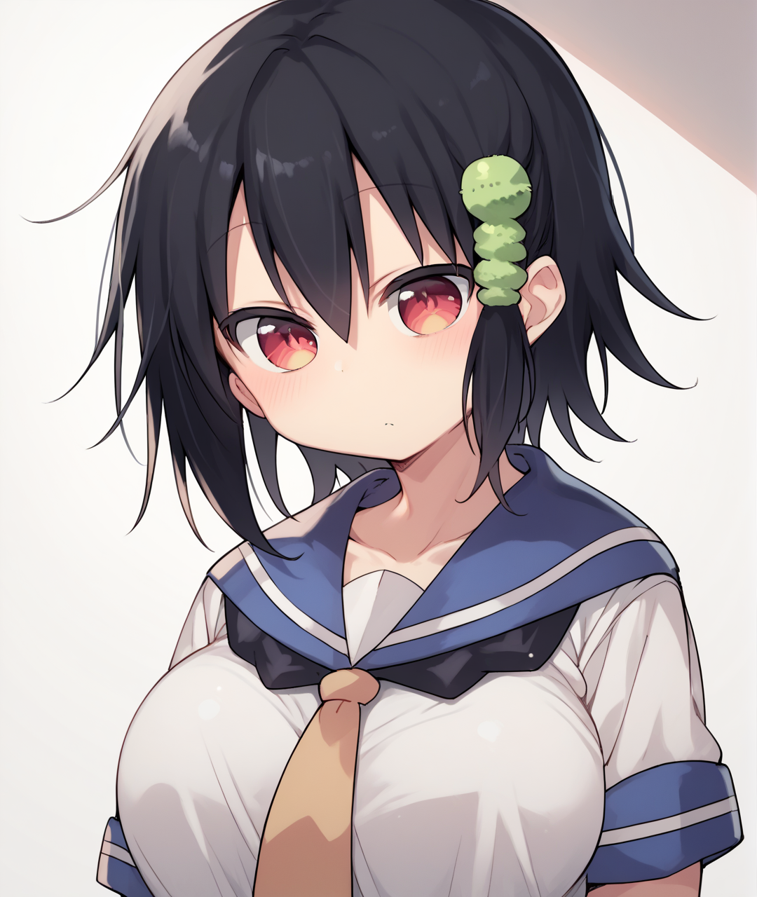 score_9, score_8_up, score_7_up, score_6_up, score_5_up, score_4_up, BREAK source_anime,
<lora:Komori Shuri_PONY:1>,komori shuri, 1girl, solo, black hair, red eyes, short hair, hair ornament, school uniform, serafuku,large breasts,