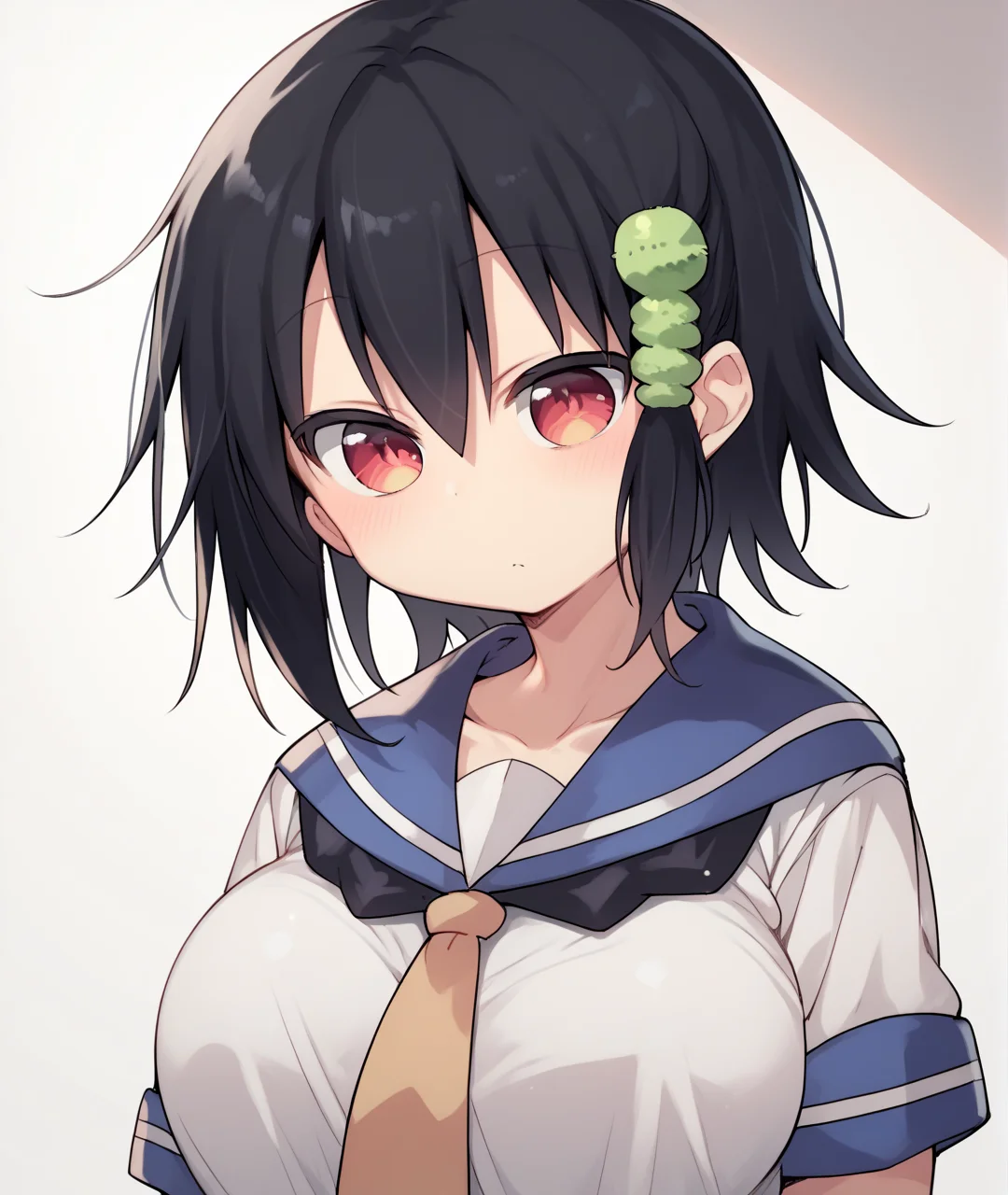 score_9, score_8_up, score_7_up, score_6_up, score_5_up, score_4_up, BREAK source_anime,
<lora:Komori Shuri_PONY:1>,komori shuri, 1girl, solo, black hair, red eyes, short hair, hair ornament, school uniform, serafuku,large breasts,