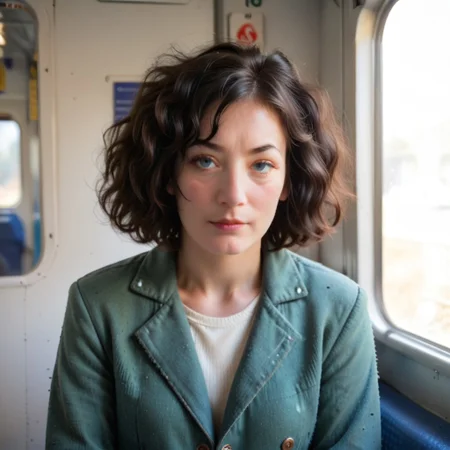 score_9, score_8_up, score_7_up, source: photo, , expressive, blue-grey eyes, detailed eyes, green jacket, pale skin, black hair, messy bob hairstyle, DMU_interior , medium saggy boobs, setting in a train carriage looking out of the window at the passing British countryside, Expressiveh