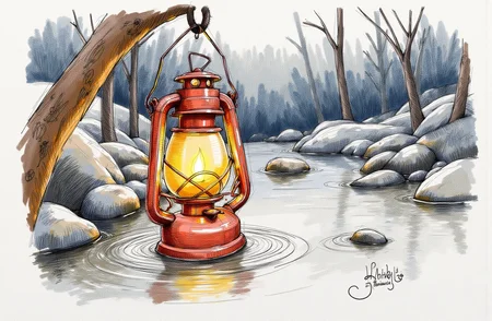 Sharp image of a rough sketch, rendered in vibrant multi colour ballpoint pen, capturing the adorable features of an old-fashioned kerosei lantern hanging from a string in a stream. The lantern is made of metal and has a handle on top for easy carrying. The flame of the lantern is burning brightly, illuminating the surrounding area. The background is blurred, but it appears to be a wooded area with rocks and trees. The overall mood of the image is peaceful and serene.  p3nsk, <lora:p3nsk:1>