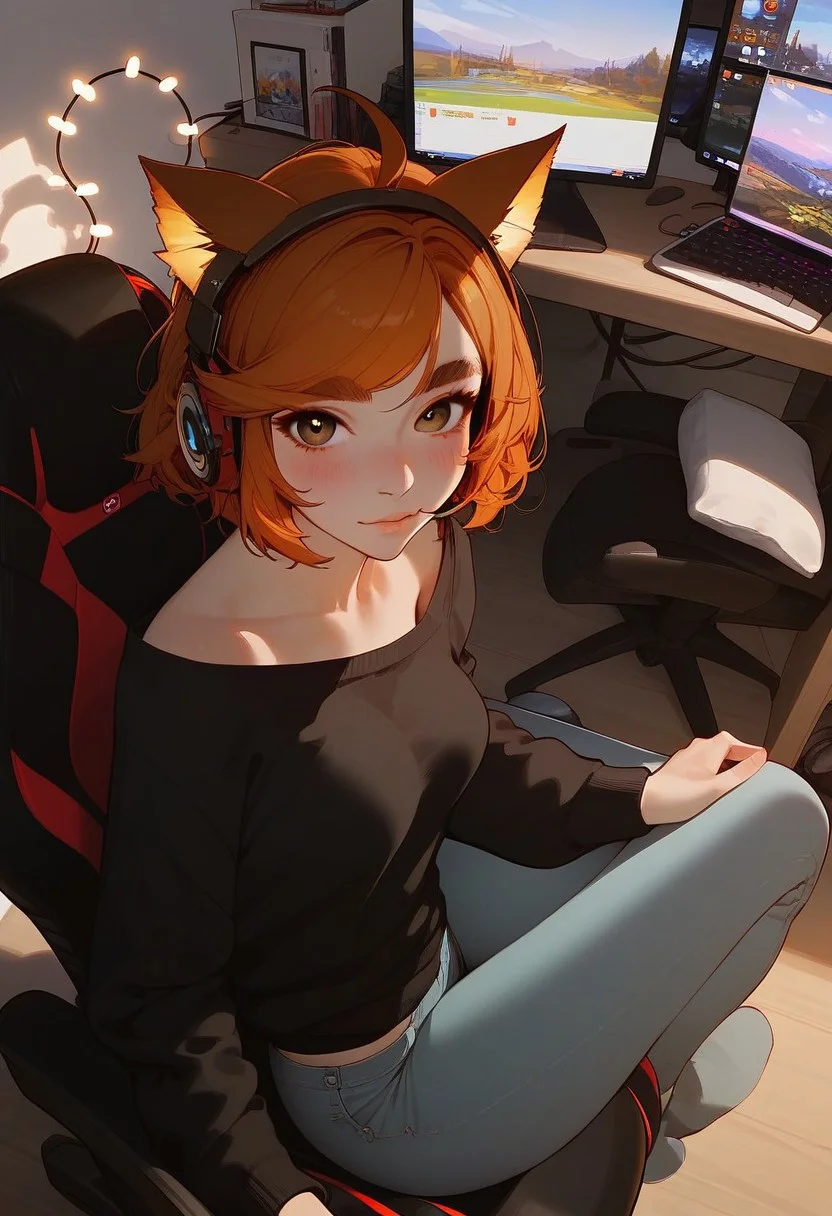 score_9, score_8_up, score_7_up, score_6_up, Expressiveh, 1girl, solo, gamer girl, large hair, brown hair:0,5, orange hair:0,7, brown eyes, headphone, cat ears headset, tech, bedroom, led lights, gaming chair, black shirt, one shirt shoulder down, blush, looking at viewer,ahoge, black hoodie, hood down, swept bangs, portrait, thick eyebrows, black sweater, full body, long pants, skinny jeans, sitting in a gaming chair, medium breast