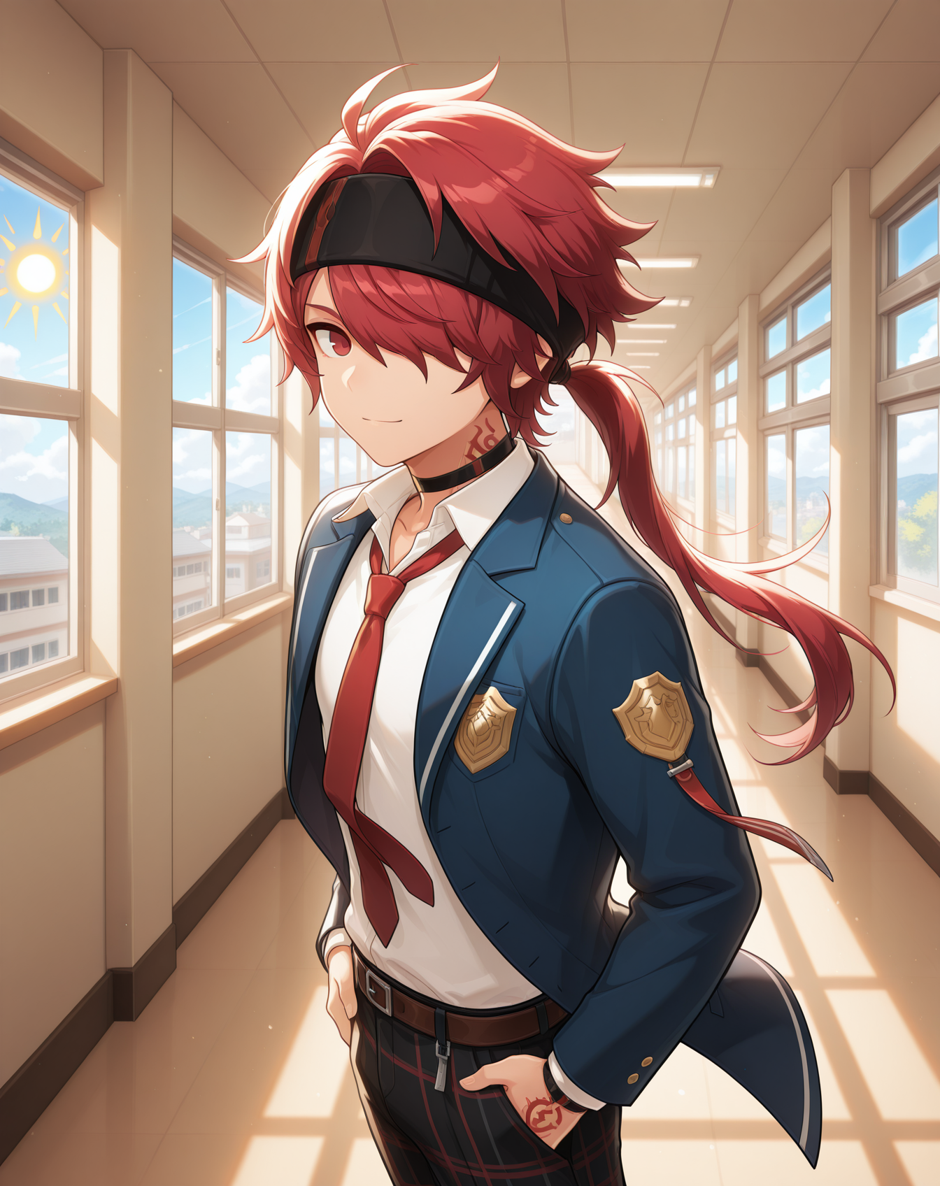 masterpiece,best quality,amazing quality, newest, very aesthetic, absurdres,
1boy, solo, yaoi, male focus, looking at viewer, cowboy shot,
<lora:Elsword_Rune_Master_ilxl:1> elswordrm, red hair, long hair, tattoo,red eyes, ponytail, headband, hair over one eye, hairband,
school uniform, white shirt, collared shirt, blue jacket, red necktie, black pants, plaid pants,
indoors, school, hallway, window, day, sun,
