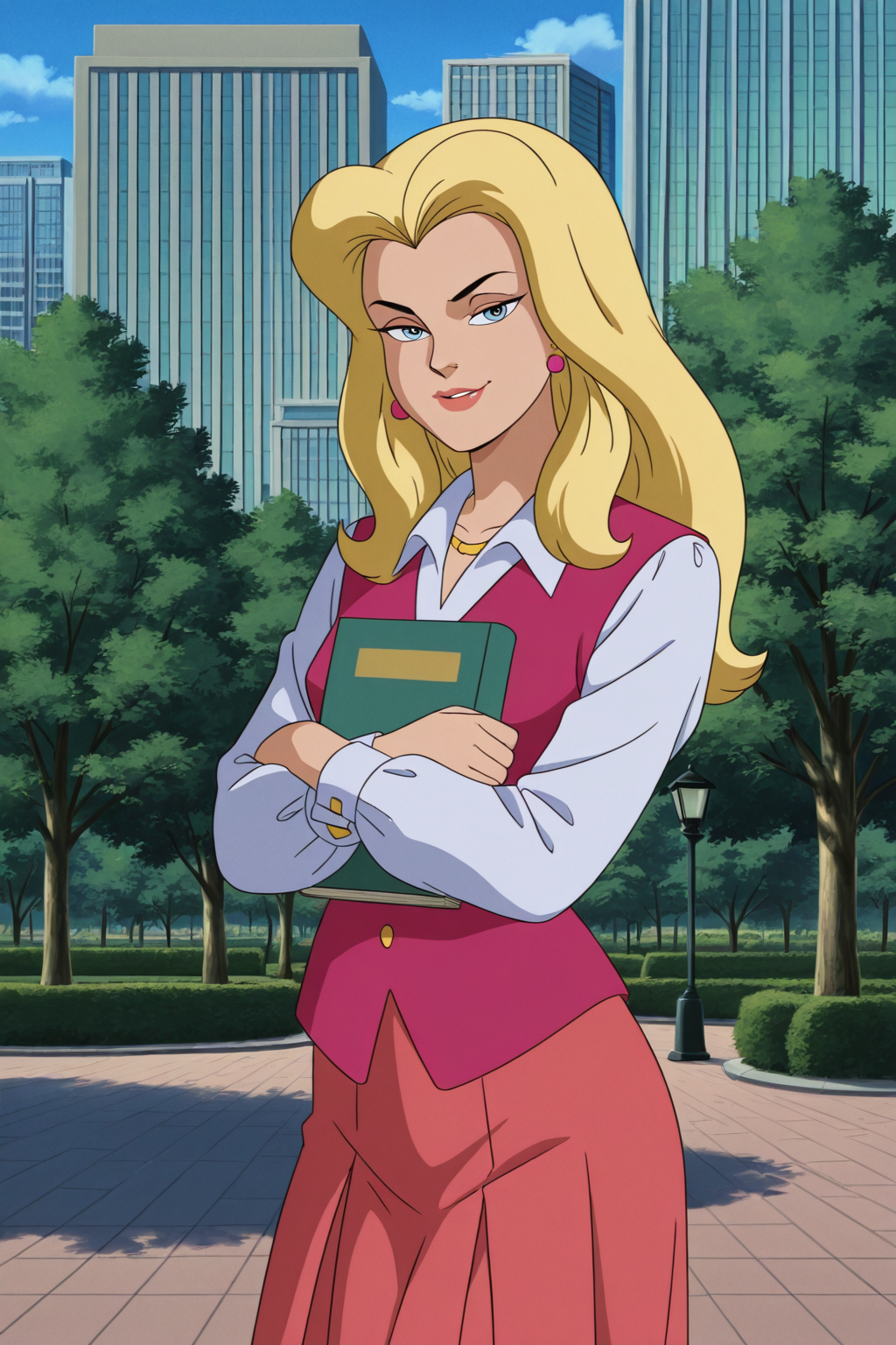 (((retro artstyle, parody)), perfect anatomy, perfect eyes, cowboy shot) BREAK <lora:BlackCatIL:1> felicia hardy, long hair, blonde hair, blue eyes, sultry eyes, naughty face, ((looking at viewer)), jewelry, earrings, vest, long sleeves, skirt, arched back, model pose, holding a book, crossed arms, city park, outdoors