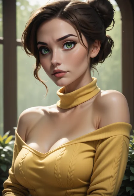 score_9, score_8_up, score_7_up, 1girl, solo, sexy sweater dress, yellow dress, long sleeves, bare shoulders, <lora:Dark_Luciana_Pony_v0.1:0.5> d4rk_luc14n4, brown hair, green eyes, single hair bun,