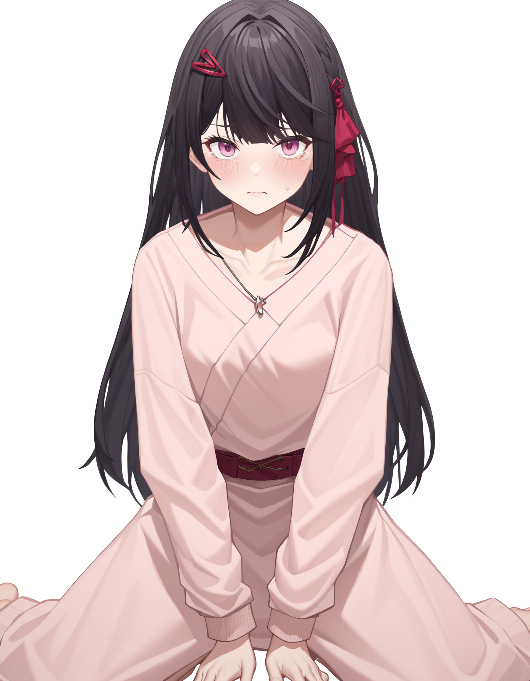 score_9,score_8_up,score_7_up,(oversized_shirt:1.2),white background,looking_at_viewer,simple background,
<lora:yanzhen_pony2:0.7>,glcyanzhen,1girl,solo,hair ornament,long hair,bangs,pink eyes,black hair,anime screencap,thighs,kneeling,tearing_up,sulking,front view,<lora:Anime_Screencap:1>,