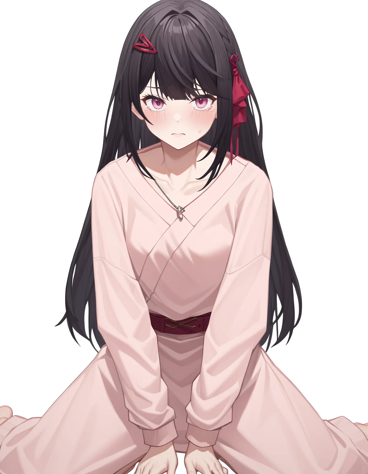 score_9,score_8_up,score_7_up,(oversized_shirt:1.2),white background,looking_at_viewer,simple background,
<lora:yanzhen_pony2:0.7>,glcyanzhen,1girl,solo,hair ornament,long hair,bangs,pink eyes,black hair,anime screencap,thighs,kneeling,tearing_up,sulking,front view,<lora:Anime_Screencap:1>,