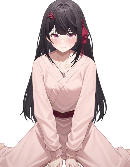 score_9,score_8_up,score_7_up,(oversized_shirt:1.2),white background,looking_at_viewer,simple background,
<lora:yanzhen_pony2:0.7>,glcyanzhen,1girl,solo,hair ornament,long hair,bangs,pink eyes,black hair,anime screencap,thighs,kneeling,tearing_up,sulking,front view,<lora:Anime_Screencap:1>,