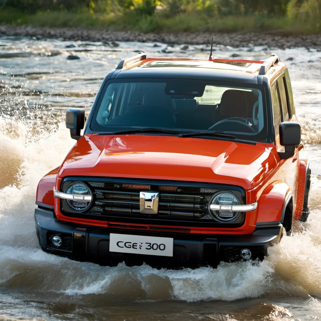 a gwm tank 300 from the front view driving in the (river:1.2)<lora:GWMTank300:0.7>