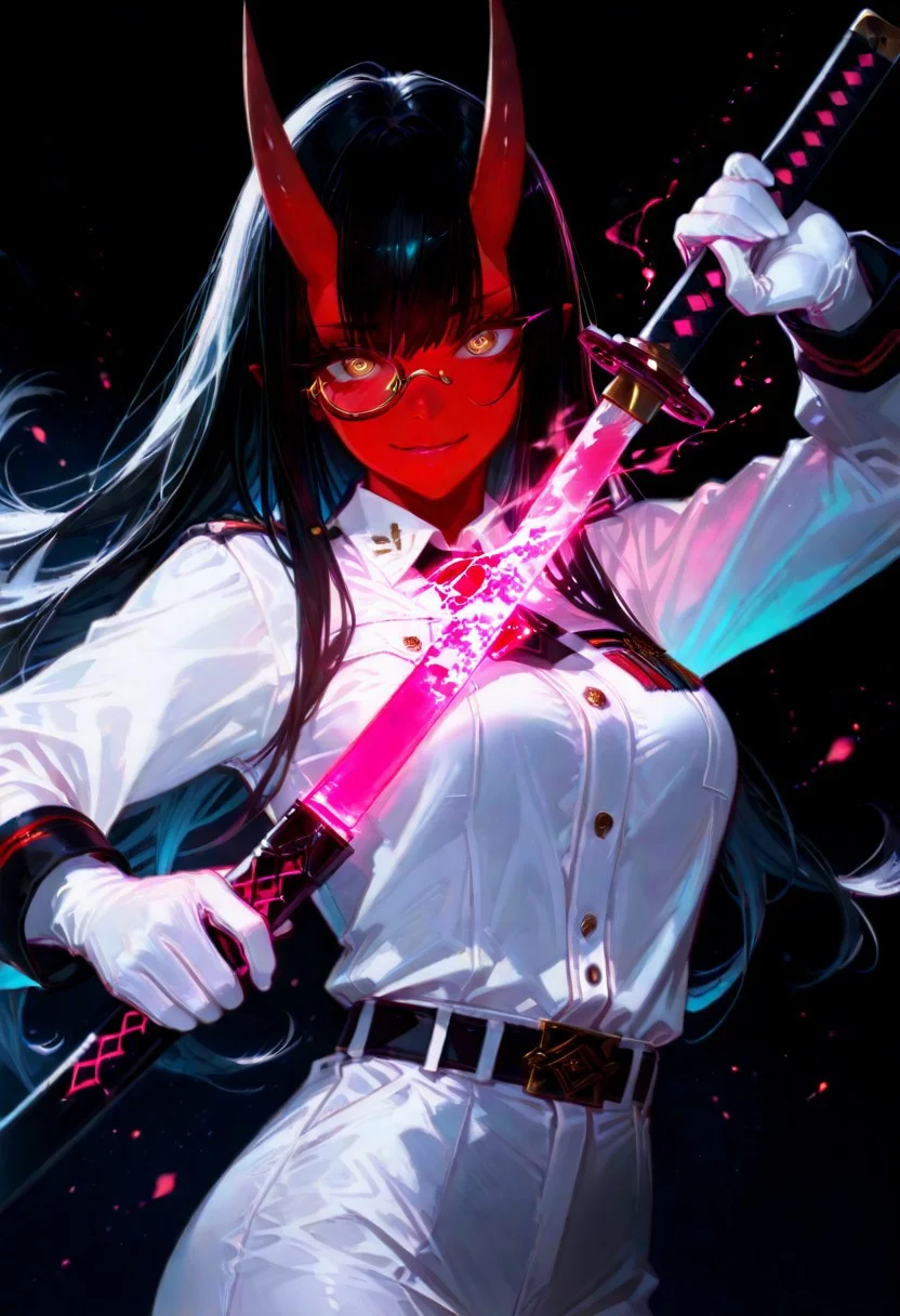 masterpiece, best quality, amazing quality, very aesthetic, absurdres, newest, volumetric lighting, holographic colors, cute, gradient colors, dark background, masterpiece, best quality, amazing quality, very aesthetic, absurdres, newest, volumetric lighting,1girl,
BREAK
nsfw,
ambient occlusion, raytracing, soft lighting, blum effect, masterpiece, absolutely eye-catching, particles, glow, shining, intricate cinematic background, (beautiful face),
BREAK
masterpiece, highly detailed,1girl,beautiful eyes, big eyes, detailed eyes, detailed pupils, perfect body, dynamic pose, dynamic shot,
Aka-Oni, oni, colored skin, red skin, straight horns, black hair, long hair, military uniform, monocle, solo, gloves, pants, white shirt, white gloves,
devil smile, blood,
holding katana, unsheathing, medium breast,
