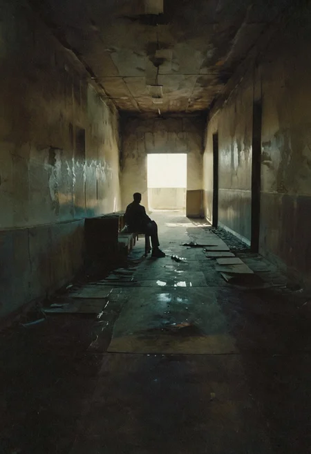 polaroid film photography, man sitting alone at the other end of a long  room,  shadows of a wasted life