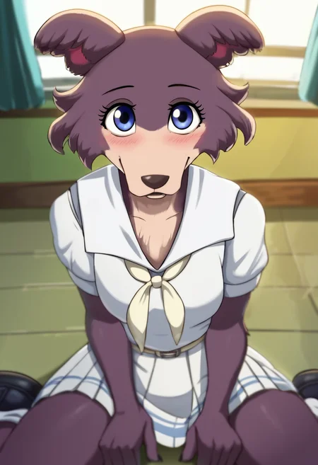 score_9, score_8_up, score_8, score_7_up, score_7, score_6, sidelighting, volumetric lighting, ray tracing, detailed lighting, subsurface scattering, (masterpiece, best quality), very aesthetic, source_furry, solo, cute, blush, cute pose, juno, wolf girl, brown-purple fur, blue eyes, wolf tail, school uniform, neckerchief, belt, long sleeves, short sleeves, white socks, black shoes, <lora:JunoUpdated:0.8>, indoors, (fullbody, sitting on the floor, legs apart, face focus, close, looking at viewer:1.2), school hallaway, day, window, ultra-detailed, absurdres, depth of field, blurry background, cute smile, 1girl, (girly:1.2), (fullfigured ,voluptuous:1.4), medium breasts, round breasts, perky breasts, detailed fur, nexcoyotlgt, <lora:NexcoyotlGT:1>