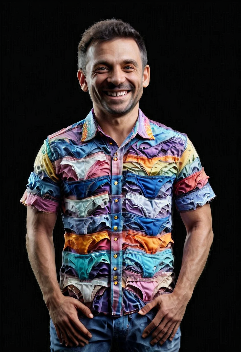 award winning, P4NT13S,  a man wearing a colorful shirt P4NT13S, smiling,  ,enhanced textures, creative, beautiful, vibrant, masterpiece, 8k, Ultra HD, amazing details, amazing quality, amazing artist, sharp edges, detailed textures, full view, atmospheric lighting, amazing visuals