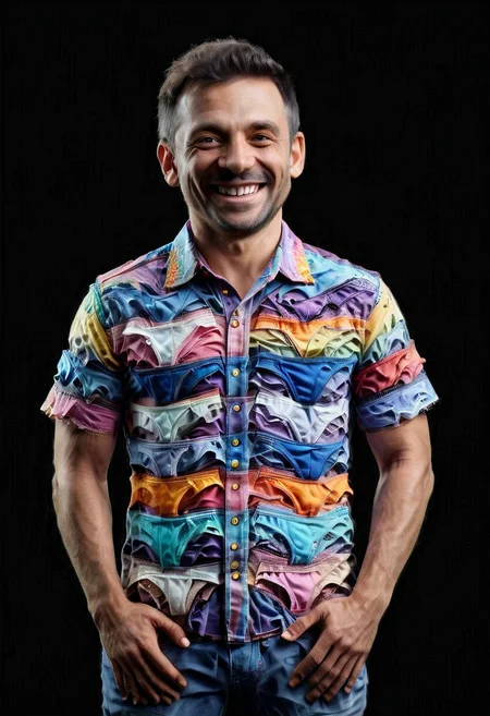 award winning, P4NT13S, a man wearing a colorful shirt P4NT13S, smiling, ,enhanced textures, creative, beautiful, vibrant, masterpiece, 8k, Ultra HD, amazing details, amazing quality, amazing artist, sharp edges, detailed textures, full view, atmospheric lighting, amazing visuals