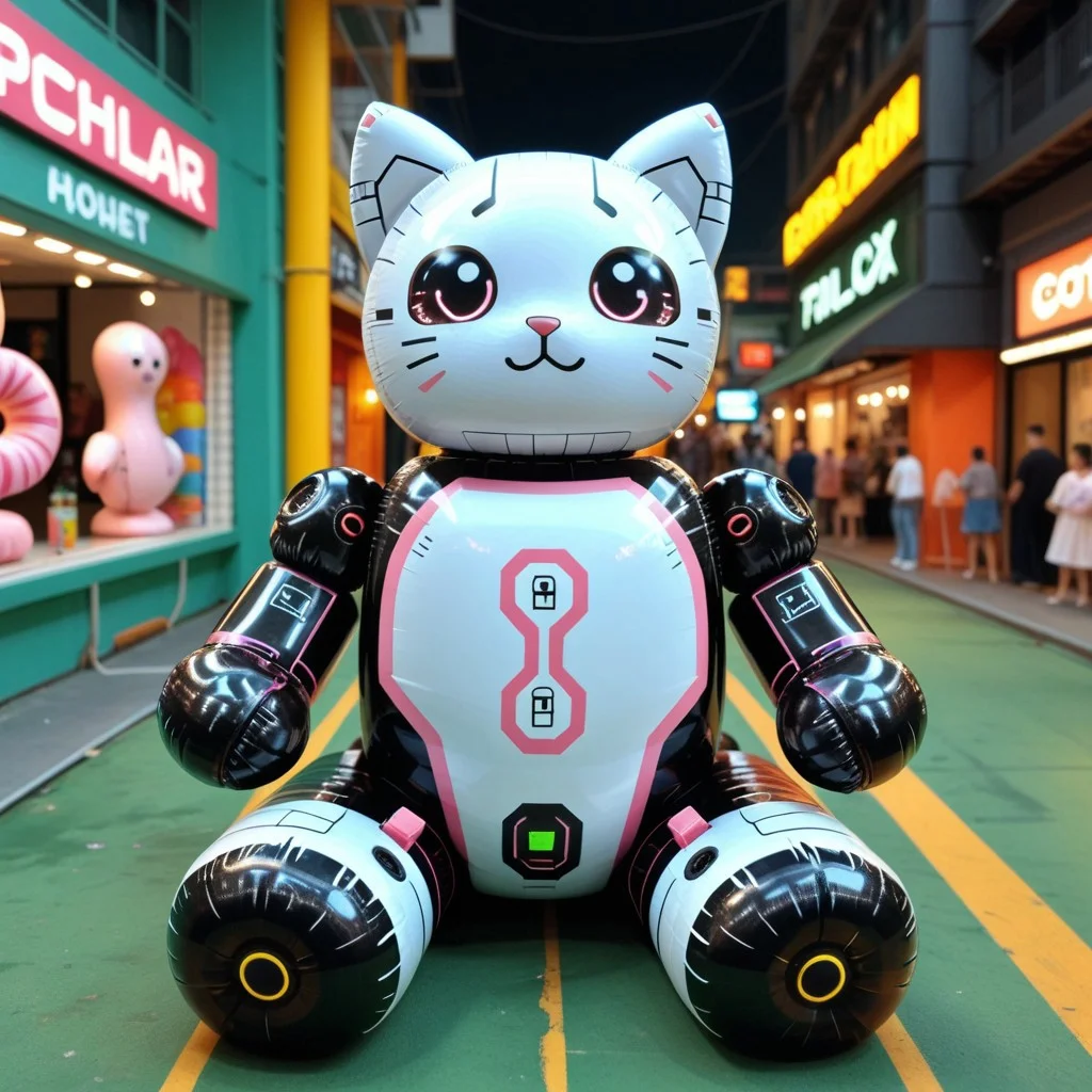 Latex inflatable cat next to a cyberpunk robot