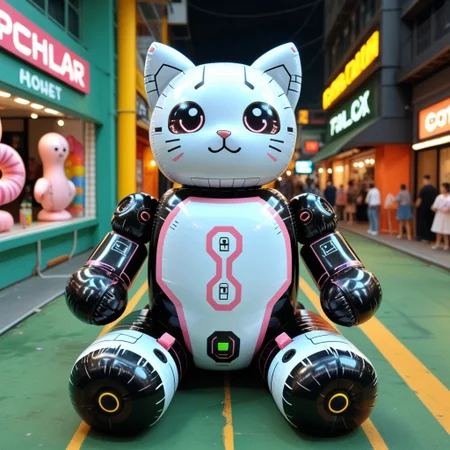 Latex inflatable cat next to a cyberpunk robot