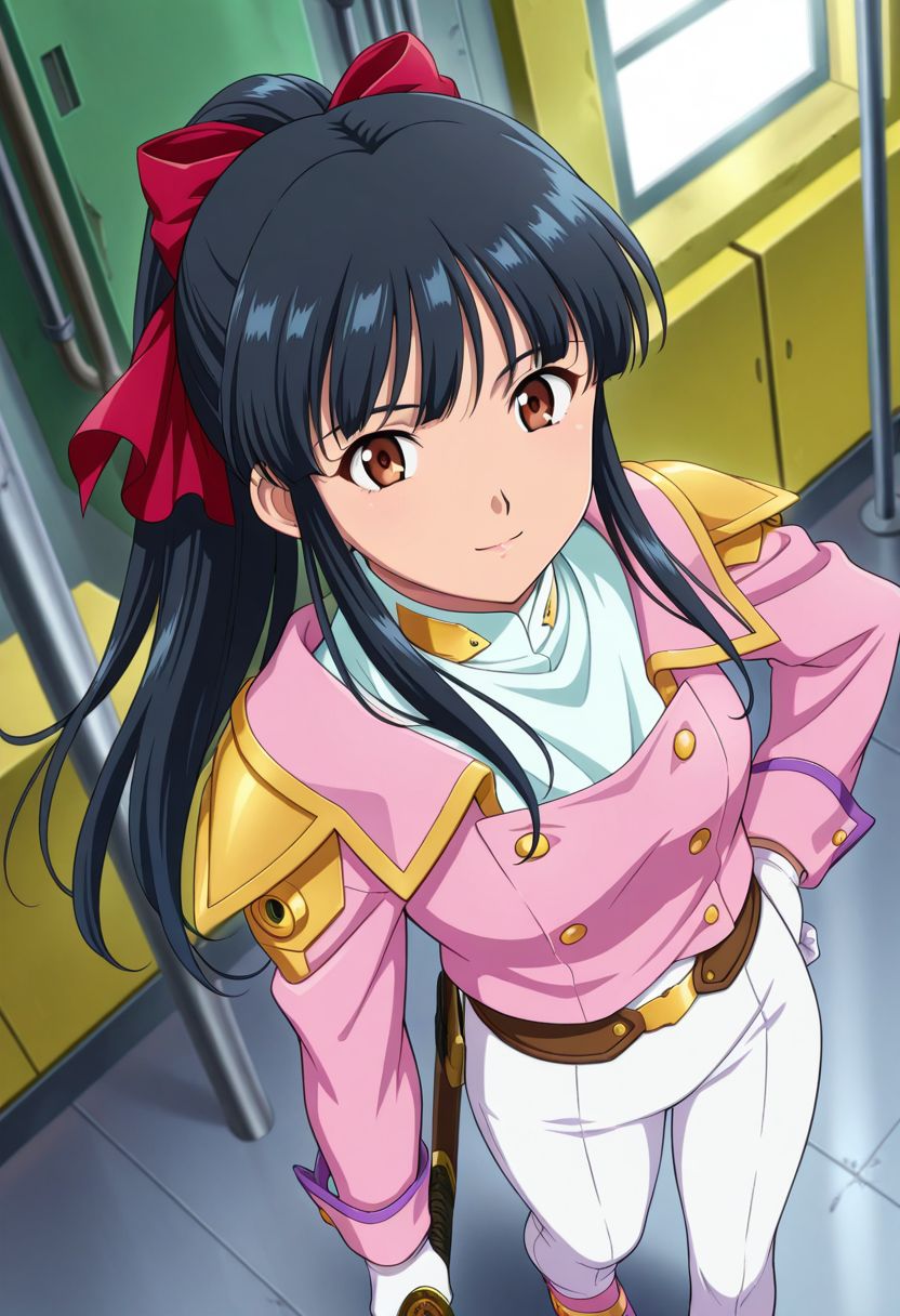 detailed eyes, beautiful, detailed background, perfect eyes,
source_anime, very aesthetic, anime coloring, masterpiece, official art,
<lora:HandFineTuning_XL:1>
BREAK,
factory, sci-fi, blurry background,
full body, dynamic angle, long legs, from above,
hand on hip, light smile, holding katana, sheath,
BREAK,
<lora:shinguji_illustrious_v01:0.9>
sakuraSt, black hair, hair ribbon, red ribbon, brown hair, ponytail, red bow, sidelocks, bangs,
white pants, uniform, military uniform, pink jacket, white gloves, white ascot, 
pink shoes,