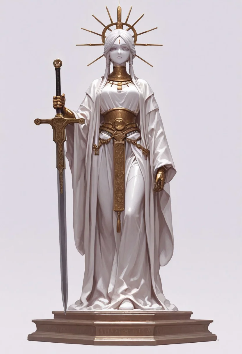masterpiece, best quality, amazing quality, solo, front view, looking at viewer, stylized, stylized ,stylized concept, stylized art, front view, concept of a statue, concept, solo, concept art, simple background, solo, single, A monumental stone statue stands tall on a massive, multi-tiered pedestal. The figure is upright, with one hand resting on a sword, book. The face bears a calm, solemn expression, eyes gazing toward the horizon. Dressed in a stylized armor or flowing robe, with finely carved folds and ornamental details. The stone surface is rough and natural, giving the sculpture a timeless, enduring feel. The pedestal may feature bas-reliefs or symbolic engravings. Simple background enhances the statue’s imposing presence. simple background, grey gradient backgroundCinematic Lighting, <lora:ppw_v7_noobEv1.1:0.5> <lora:XXX667:0.5>