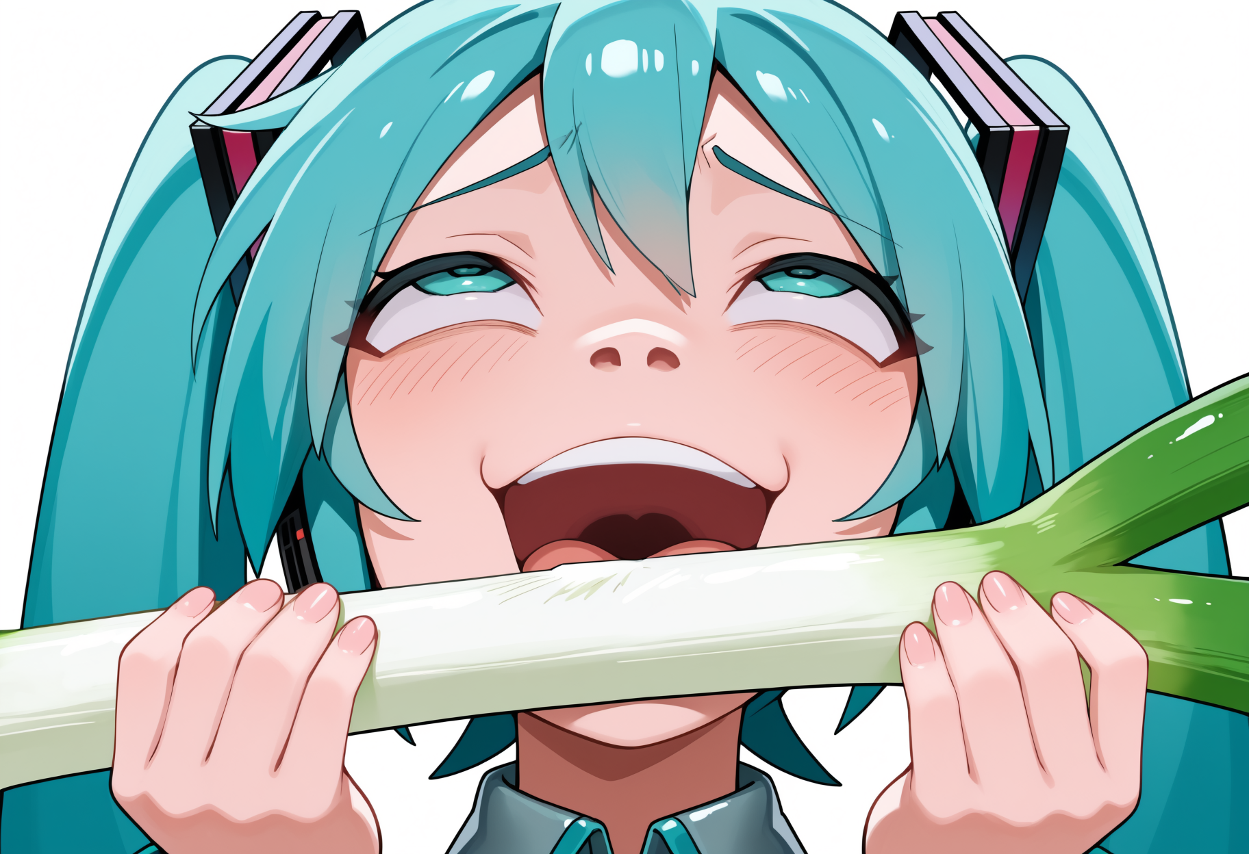 1girl, hatsune miku, spring onion, looking up, holding food, open mouth, rolling eyes, smile, hands up, furrowed brow, raised eyebrows, <lora:rumi_sniffing-kimbap_meme-NOOB-EPS1.1v2:1>