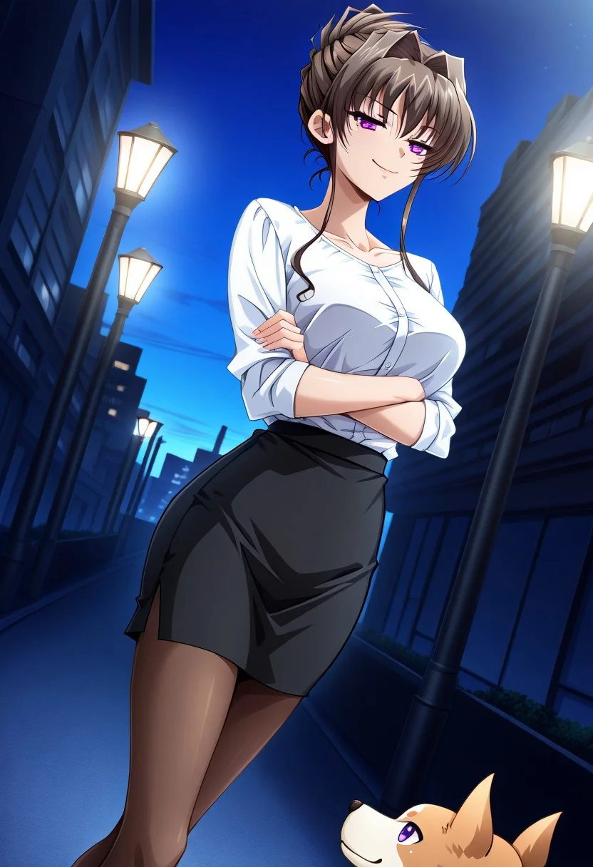 masterpiece, best quality, newest, highres, uncensored, 1girl, yokota mamoru style,1girl,
Yaginuma Shizuka,Brown Hair, Intake Hair, Spiky Bangs,Violet Eyes,Young,slim
skirt, shirt, white shirt, pantyhose, formal, office lady, city street, evening, streetlights, walking dog, quiet neighborhood, gentle breeze, smile, , crossed arms, smug, solo,, dutch angle, cowboy