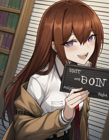 score_9, score_8_up, score_7_up, source_anime, <lora:kurisu-makise-ingame-ponyxl-lora-nochekaiser:1>, kurisu makise, hair between eyes, hair over shoulder, long hair, purple eyes, red hair, straight hair, mature female, small breasts,, black pantyhose, black shorts, brown coat, coat, collared shirt, long sleeves, necktie, pantyhose, pantyhose under shorts, shirt, short shorts, shorts, sleeves past wrists, white shirt, wing collar,, library, shelves, books, tables, quiet, , <lora:ken-mugshot-ponyxl-lora-nochekaiser:1> barbie mugshot, barbie mugshot (meme) height mark, holding sign, nameplate, height chart, sign, meme, smile, open mouth, teeth, blush, cowboy shot, looking at viewer, solo,, dutch angle, cowboy shot