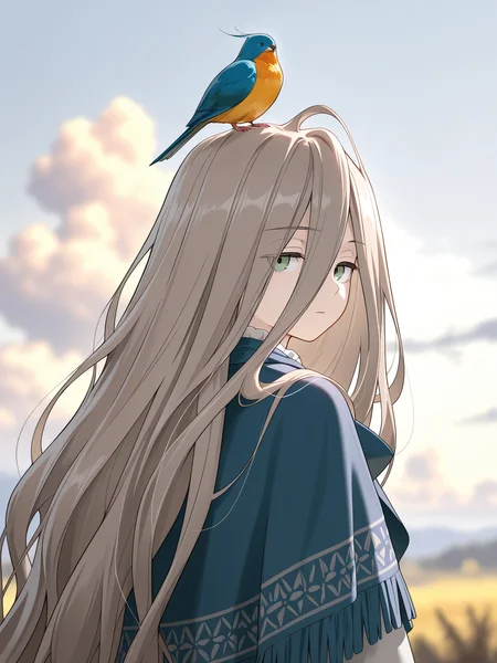 Sense,Sense, bird, solo, on head, looking at viewer, outdoors, blurry background, upper body, blurry, ahoge, animal on head, sky, cloud, closed mouth, expressionless, looking back, animal, bird on head,blue shawl,grey eyes,