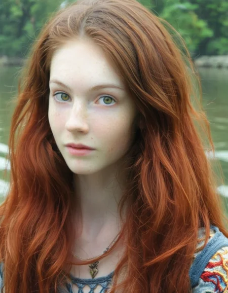 an educational close-up with ambient lighting, captured by victoria frances; it is showcased a french, of legal age, and fit sister, having a ginger-haired long hairstyle and mystical eyes; wearing a colorful sweater and jeans with detailed fabric; squatting amidst a surreal and dreamlike waters. <lora:AnalukXL8:1>