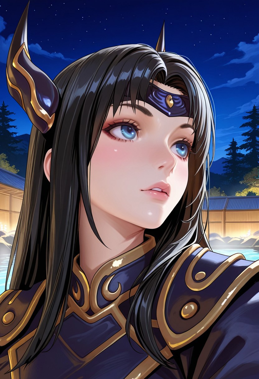 MASTERPIECE, AMAZING QUALITY, 1GIRL, SOLO, R0Z3, PORTRAIT, BLACK HAIR, BLUE EYES, JACKET, HORNS, HEADBAND, NIGHT, HOTSPRING