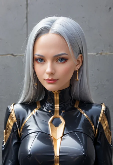 A 35mm photo of a beautiful robotic woman, she has a faceless robotic head, robot, silver hair, smooth metallic featureless feminine body, blue colour with gold accents
no face