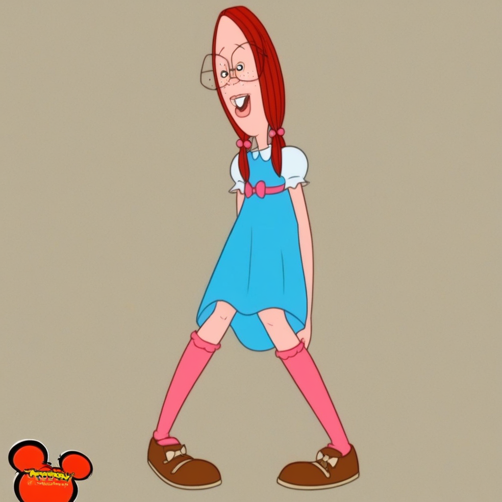 hair bobbles, 1girl, bow, pink socks, , red hair, freckles, blue dress, solo, brown shoes, glasses