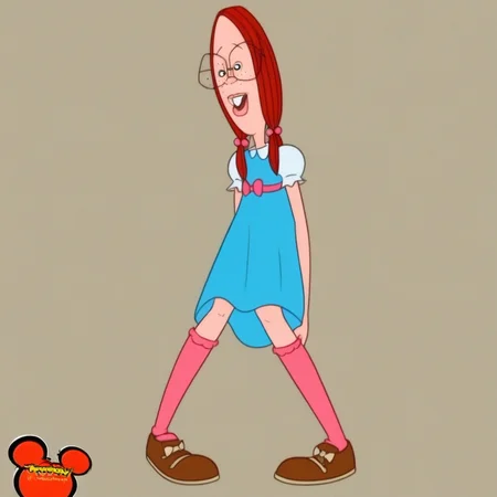 hair bobbles, 1girl, bow, pink socks, , red hair, freckles, blue dress, solo, brown shoes, glasses