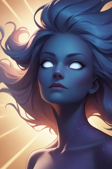 score_9, score_8_up, score_7_up, BREAK, 1girl, solo, <lora:singularity-guy-PONYv1:1>, singularity, blue skin, white eyes, no pupils, floating hair, portrait, upper body, glowing,